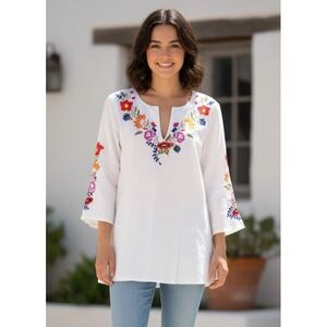 Sundance Tunic Top Women Small Petite White Cotton Floral Embroidered Split Neck